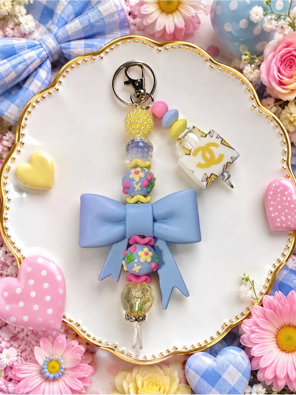 Hand Crafted Pastel Blue Bow Keychain with Yellow & Pink Inspired Accents